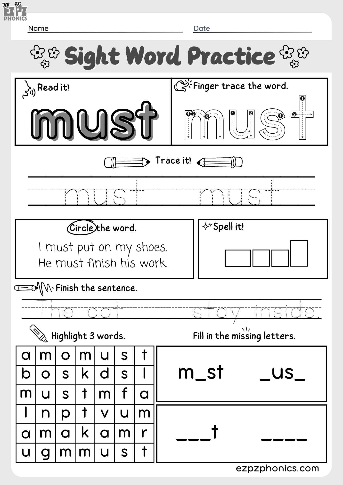 Dolch Kindergarten Sight Word "Must" – Engaging Activities PDF Download